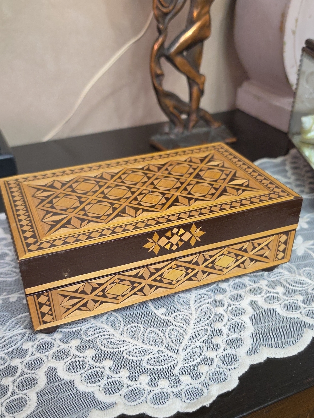 Decorative Brown and Natural Inlay Wooden Jewelry Box - Home Storage
